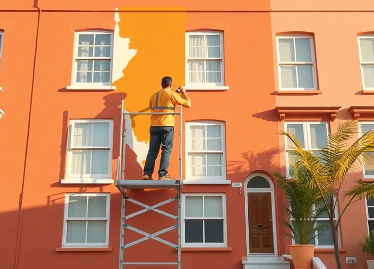Peintre sur échafaudage traitant la façade d'une maison