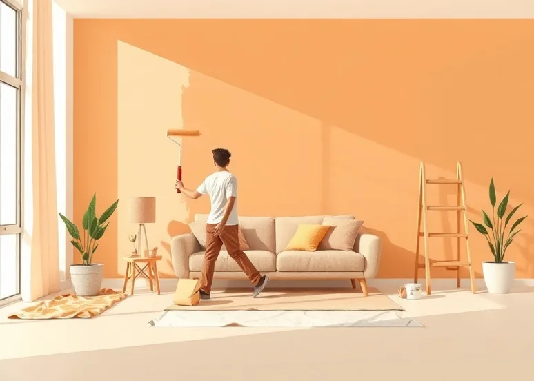 Peintre appliquant la peinture au rouleau sur un mur de salon